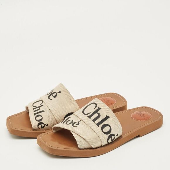Chloe Woody Size 38 White Canvas Flat Slide - Picture 2 of 7